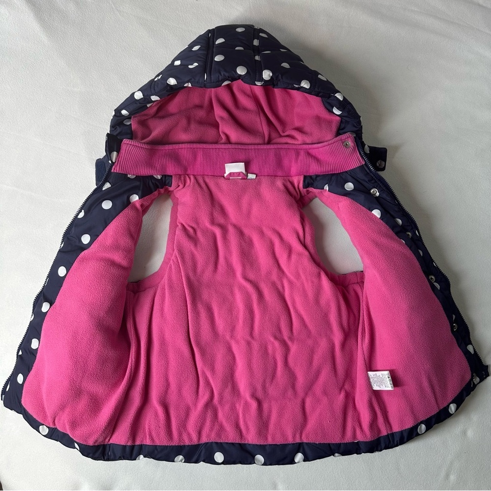 JoJo Maman Bébé Navy Polka Dot Puffer Vest 3Y Detachable Hood Fleece Lined - Picture 5 of 10